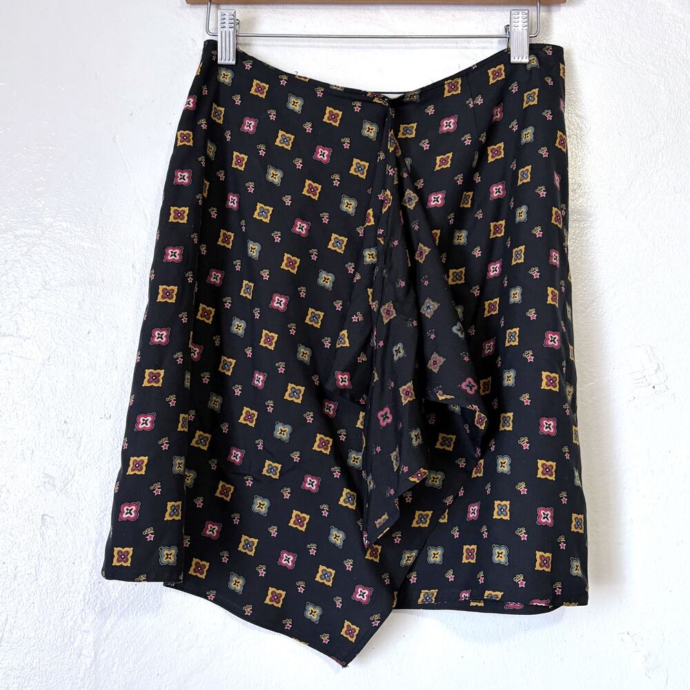 Vintage Evan Picone NWOT 100% Silk Geometric Print Wrap Skirt Black Size 8